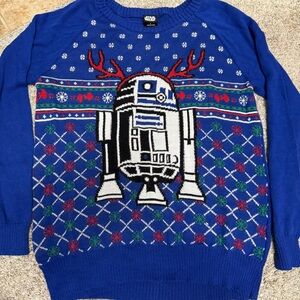 Star Wars Blue Crewneck Sweater with R2-D2 and Reindeer Antlers